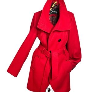 Vtg Y2K Guess Red Wool Blend Peacoat Jacket w/ Belt W Sz SM/M Winter Outerwear